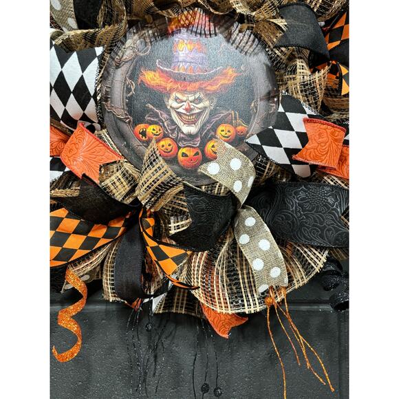 Halloween Wreath For Front Door Scary Clown  Orange and Black Handmade 28 in - Picture 6 of 8